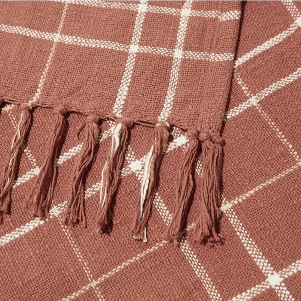 Little Korboose April Nemeth, New Woven Terracotta Plaid Cotton Throw Blanket